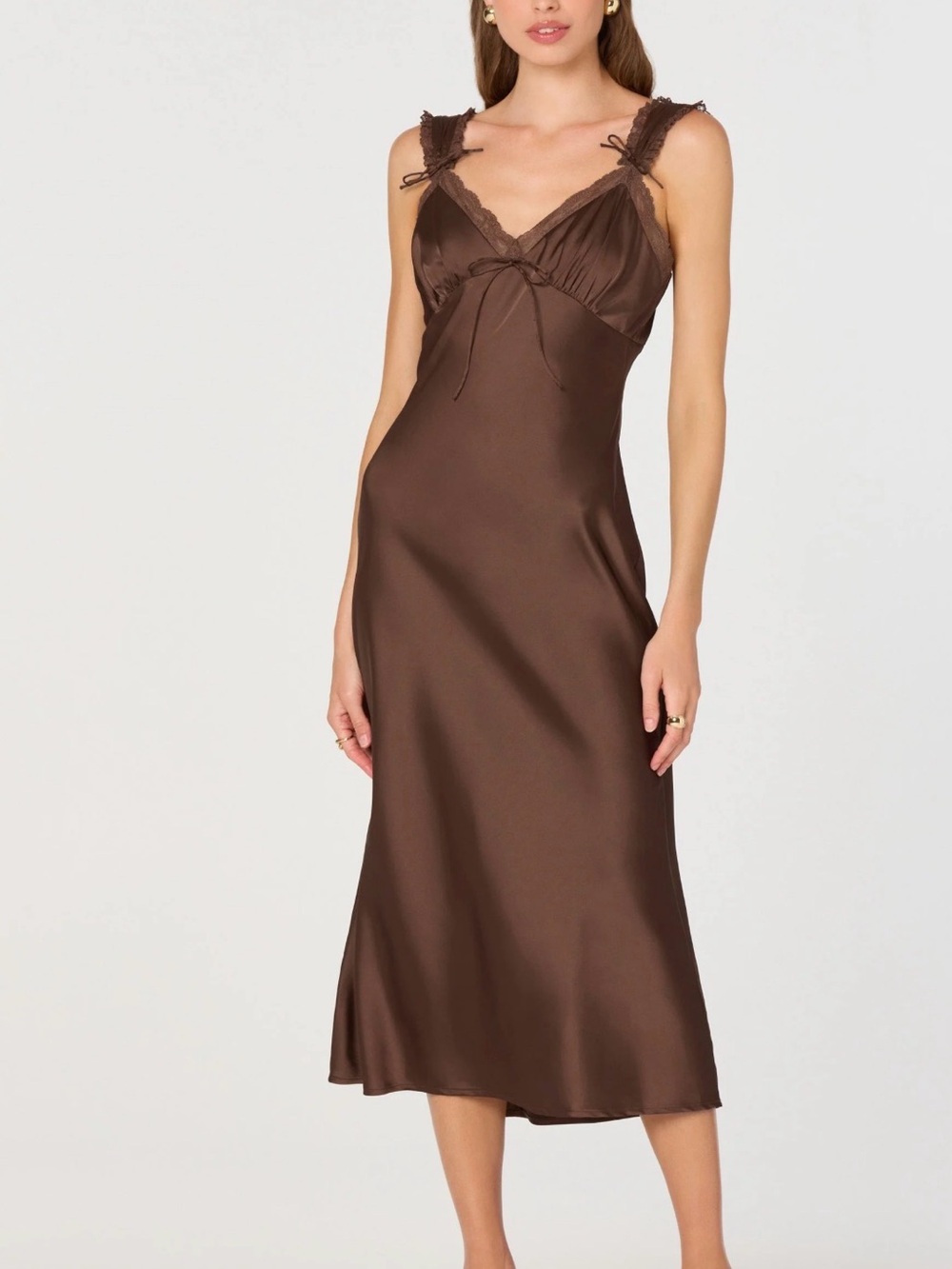 Astr Satin Midi Slip Dress in Chocolate Brown